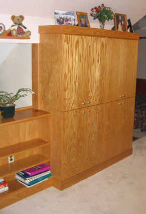 golden oak cabinets and bookcase