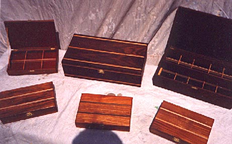 Walnut and teak inlaid jewelry boxes